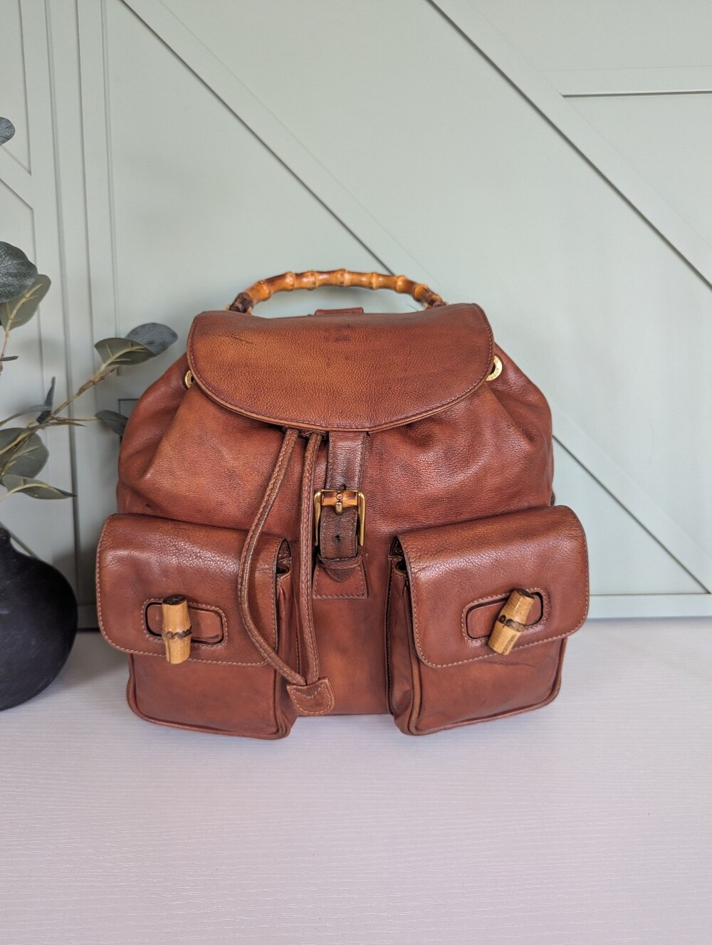Gucci Cognac Leather Bamboo-Handle Backpack